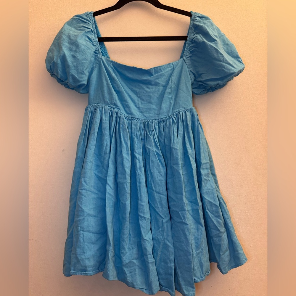 Mable Linen Blend Blue Babydoll Puff Sleeve Mini Dress
